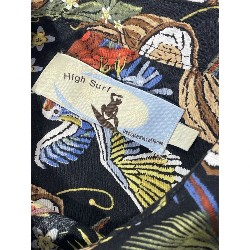 High Surf Island Men's Hawaiian Shirt L Black‎ W/Parrots & Coconuts Floral